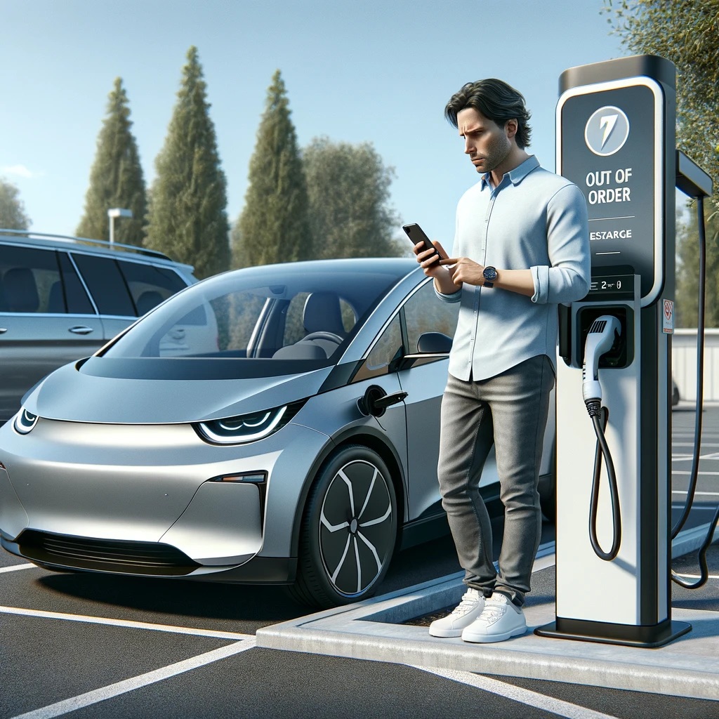 Image of a man on his smartphone in front of an EV charger trying to charge his EV but the charger is out of order